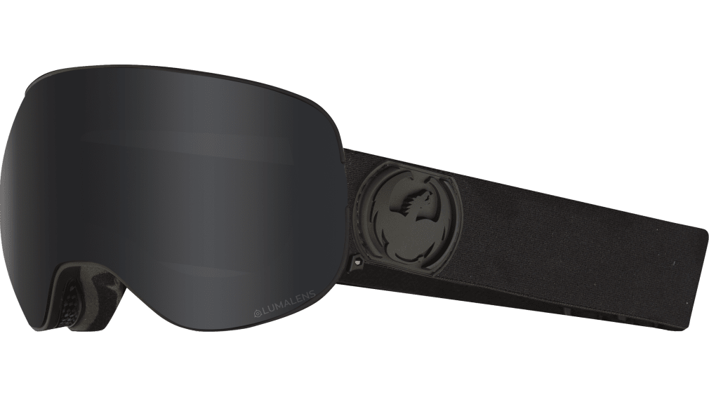 Snow goggles with black strap and dark smoke lens