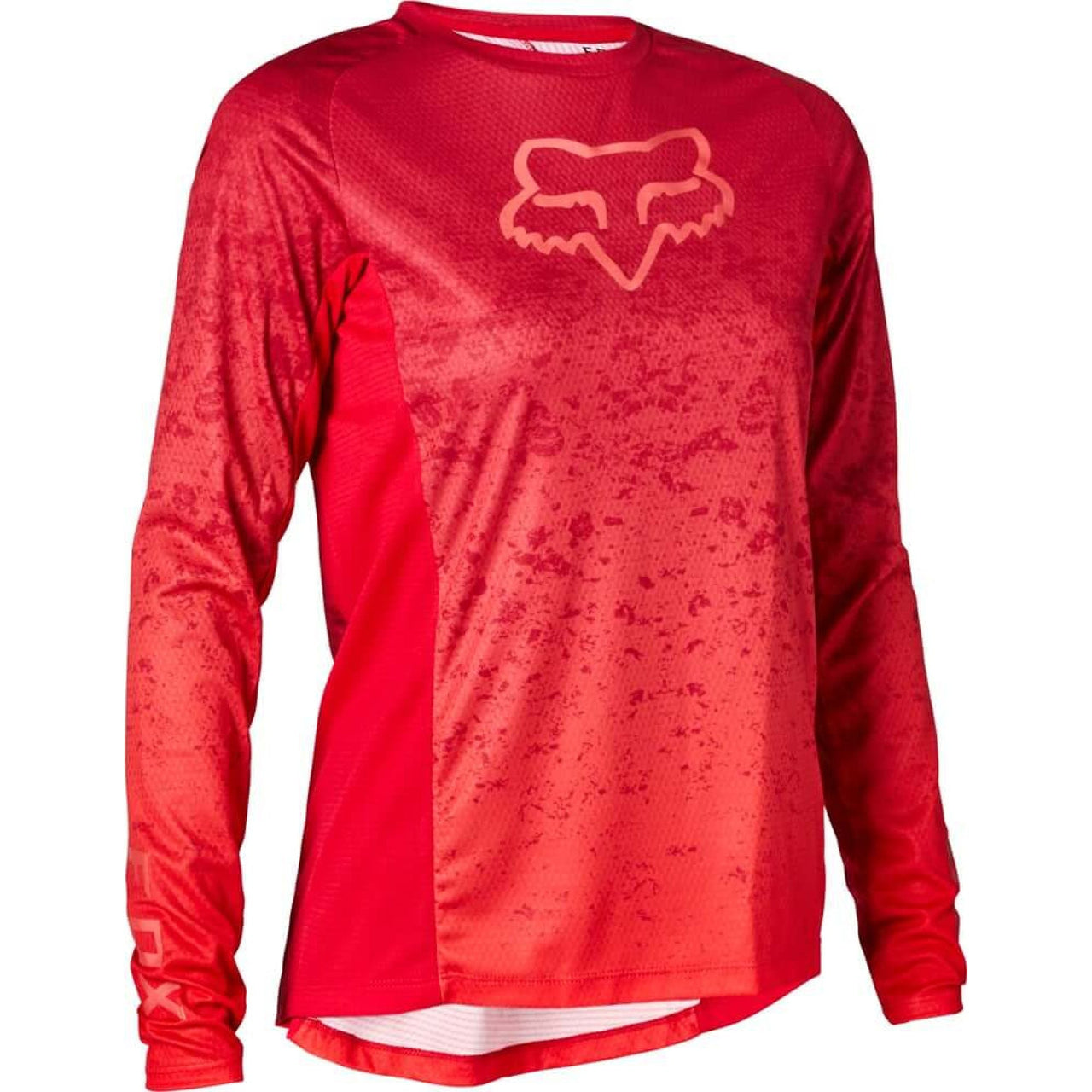 Long-sleeve women’s cycling jersey, red with Fox head logo and tonal speckle pattern.