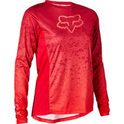 Long-sleeve women’s cycling jersey, red with Fox head logo and tonal speckle pattern.