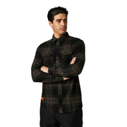 Men's flannel shirt in dark plaid with orange and yellow checks, long sleeves, button-front