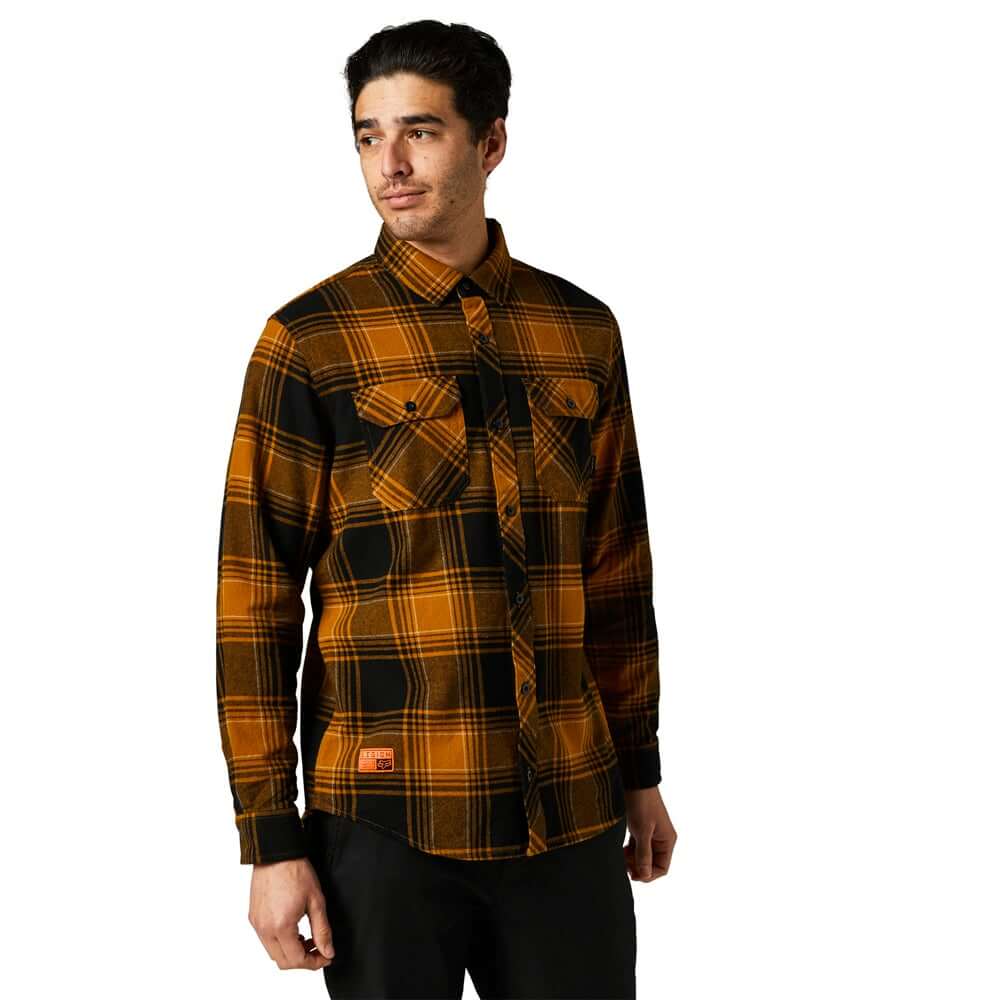 Men's flannel button-front shirt in warm brown plaid with yellow lines, long sleeves