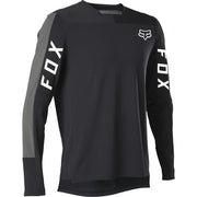 Black long-sleeve cycling jersey with Fox head logo and Fox lettering on sleeves