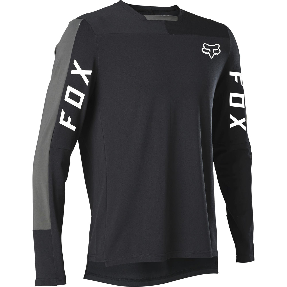 Black long-sleeve cycling jersey with Fox head logo and Fox lettering on sleeves