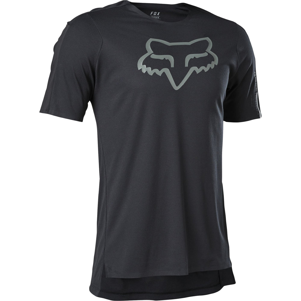 Black short-sleeve cycling jersey with large Fox head logo on the chest