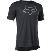 Black short-sleeve cycling jersey with large Fox head logo on the chest