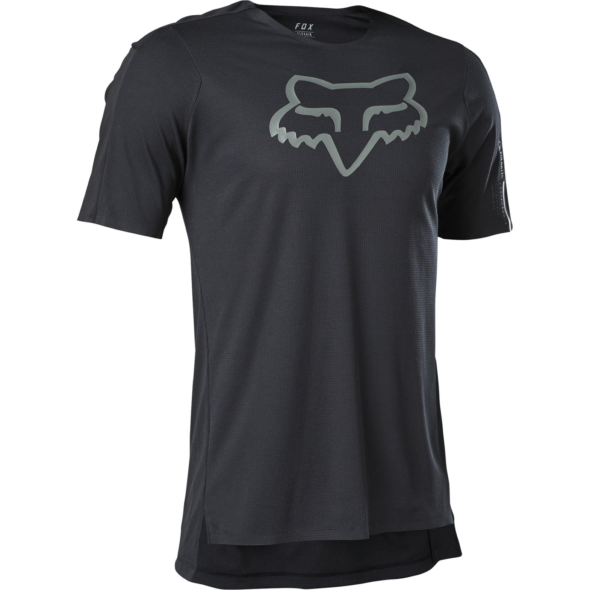 Black short-sleeve cycling jersey with large Fox head logo on the chest