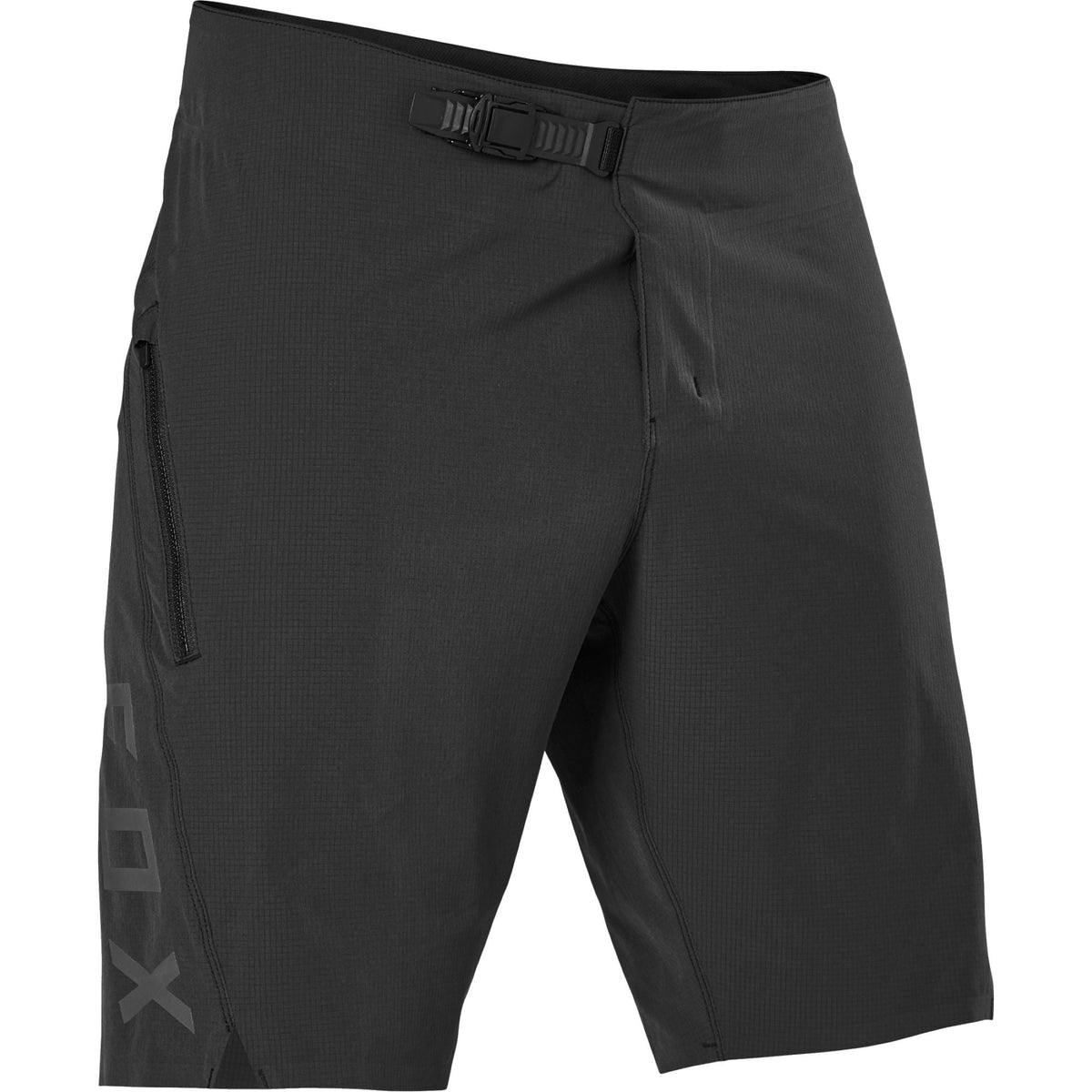 Black athletic cycling shorts with adjustable waistband and zip side pockets