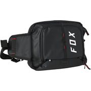 Black 5L lumbar hydration pack with front logo, zip pockets, and adjustable strap