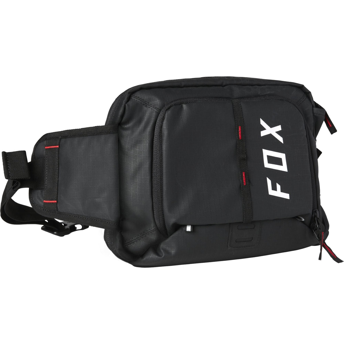 Black 5L lumbar hydration pack with front logo, zip pockets, and adjustable strap