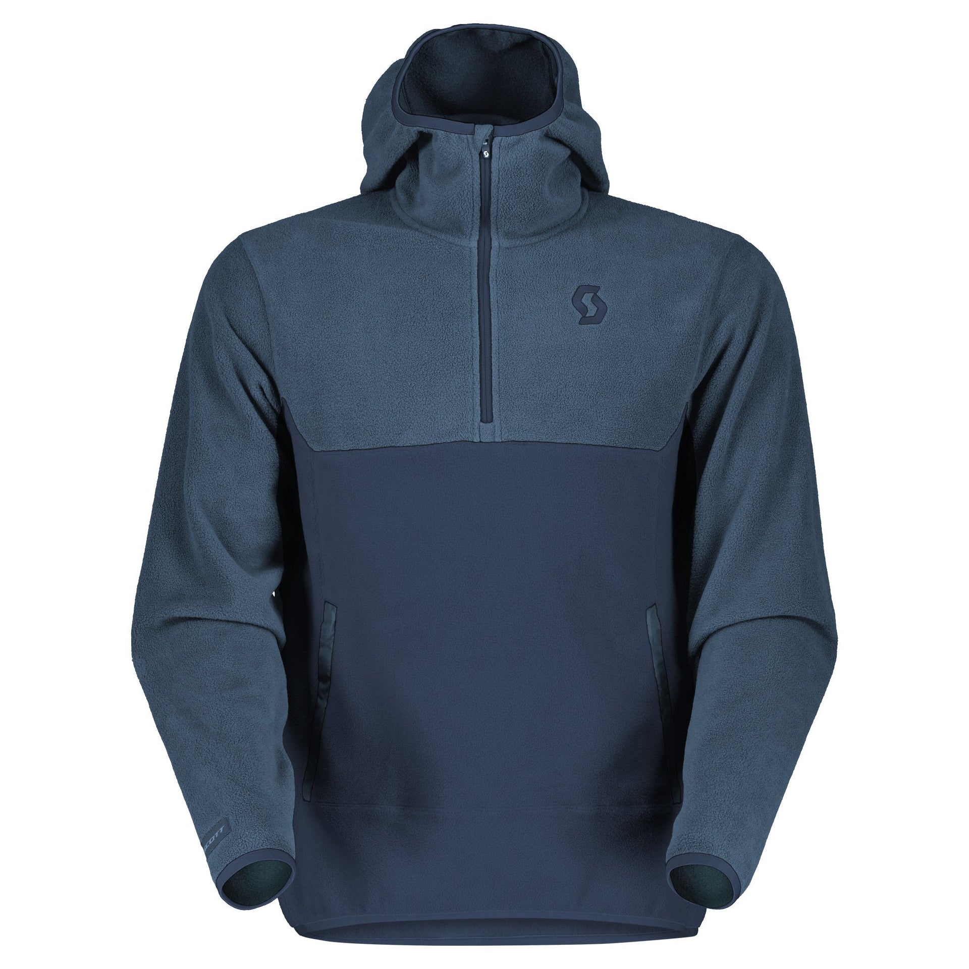 Men's fleece pullover hoodie with full-zip front, dark blue, kangaroo pocket