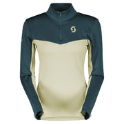 Women’s light zip pullover, teal and pale yellow colorblock with chest Scott logo