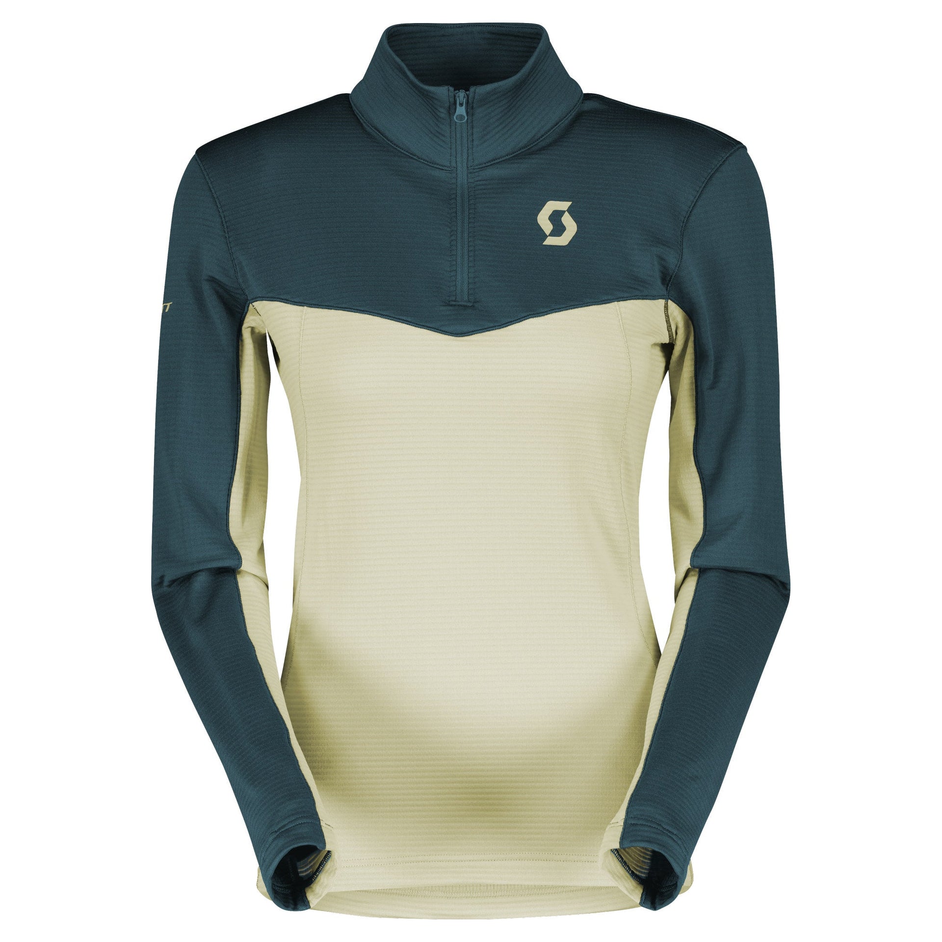 Women’s light zip pullover, teal and pale yellow colorblock with chest Scott logo