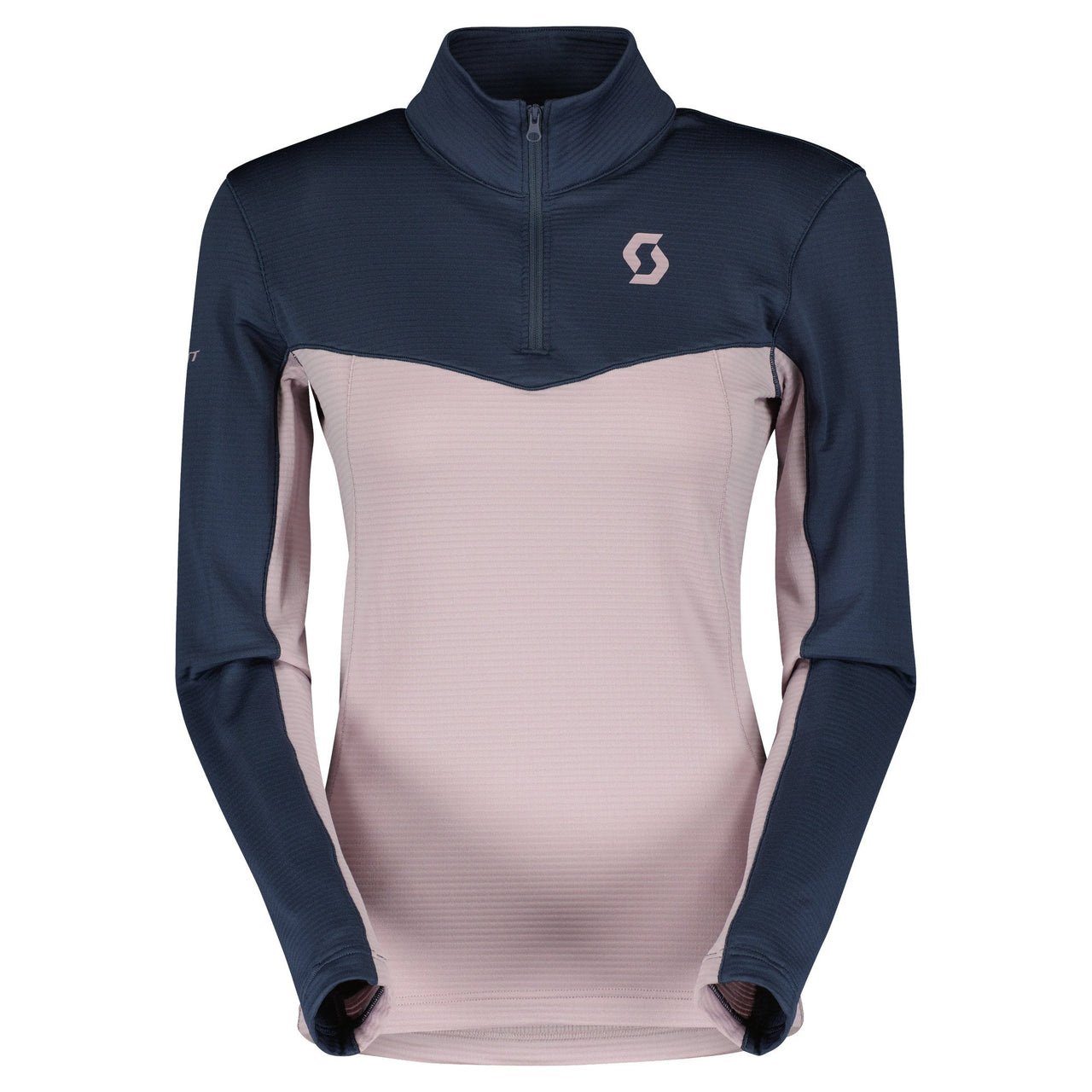 Women’s light zip pullover, dark navy and pink colorblock with chest Scott logo