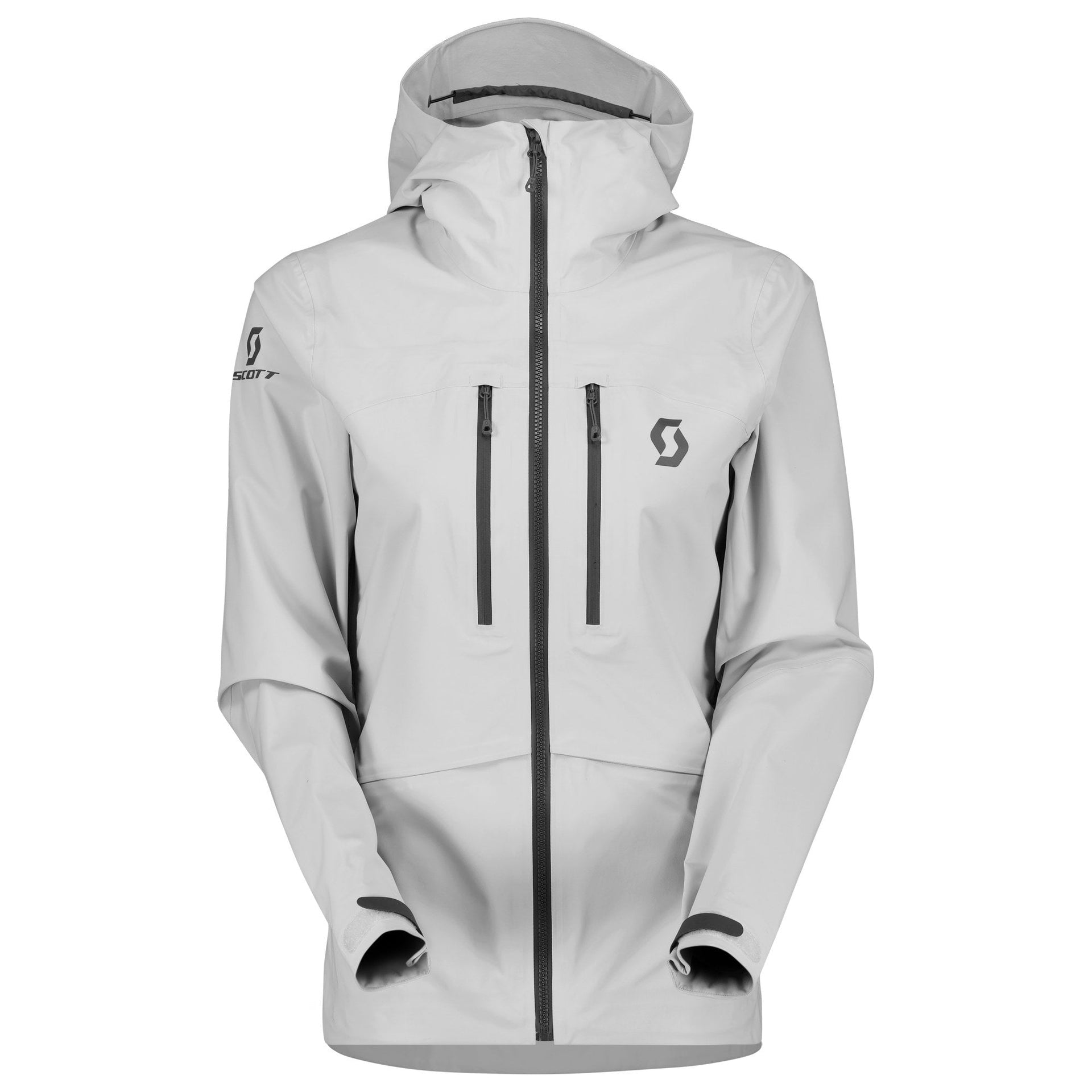 Light grey women’s 3L jacket with adjustable hood, full front zip, storm flap.