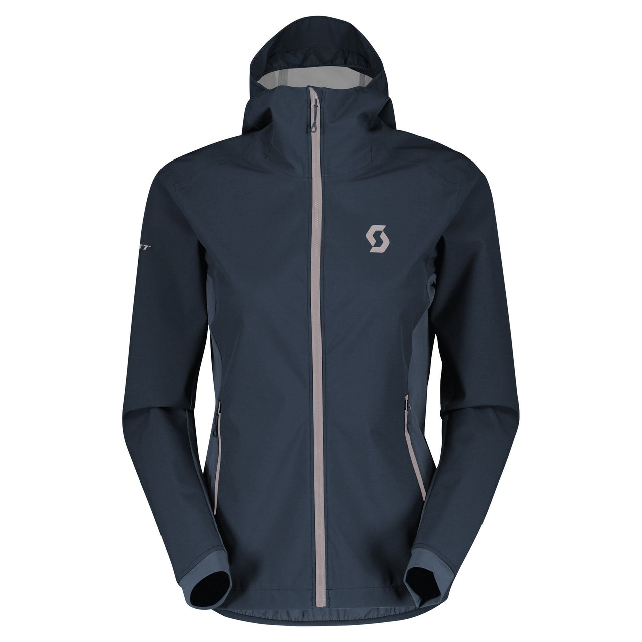 Dark blue hooded full-zip hybrid jacket with contrast gray trim and logo on chest