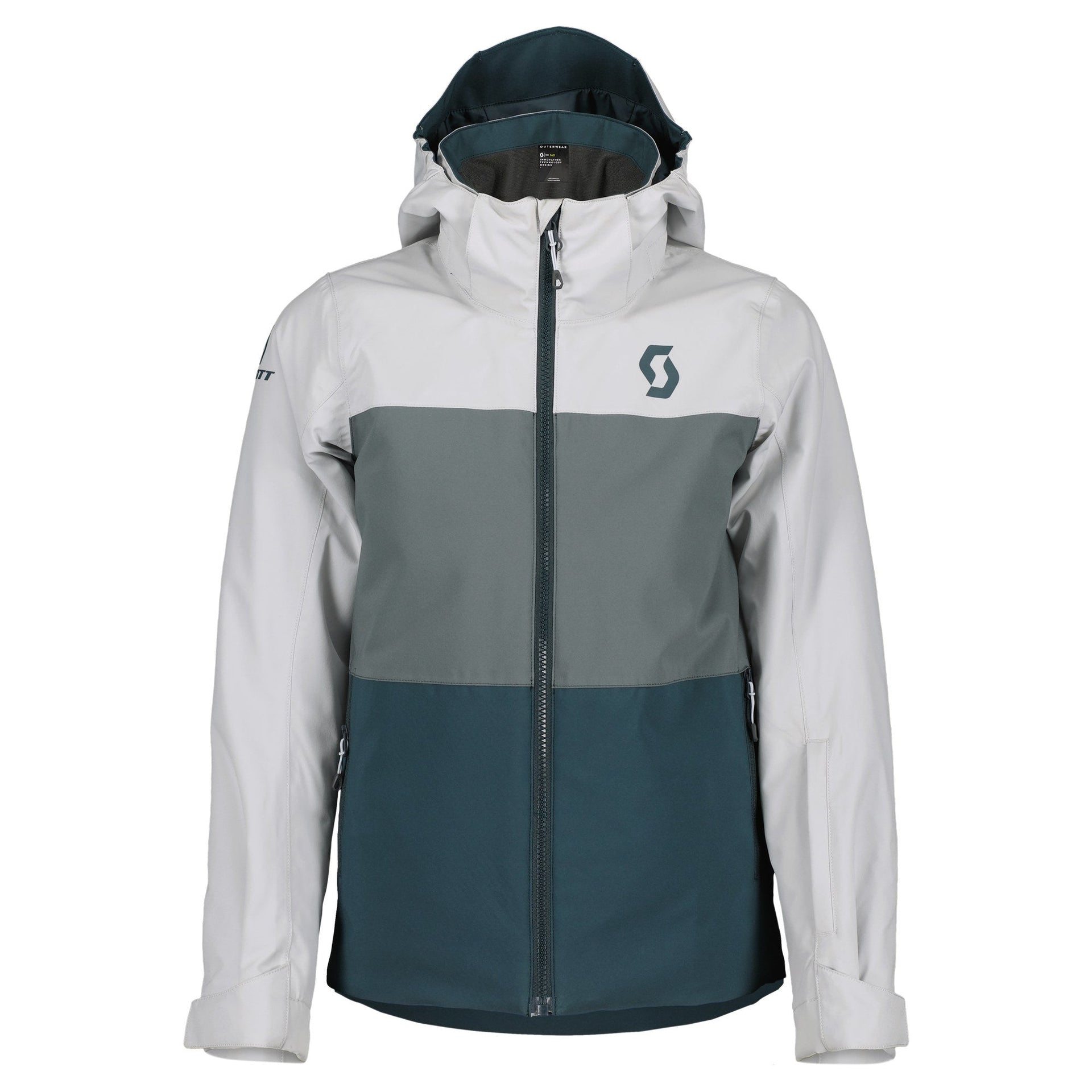 Boys' hooded outdoor jacket, full-zip, light grey sleeves with grey-green panels