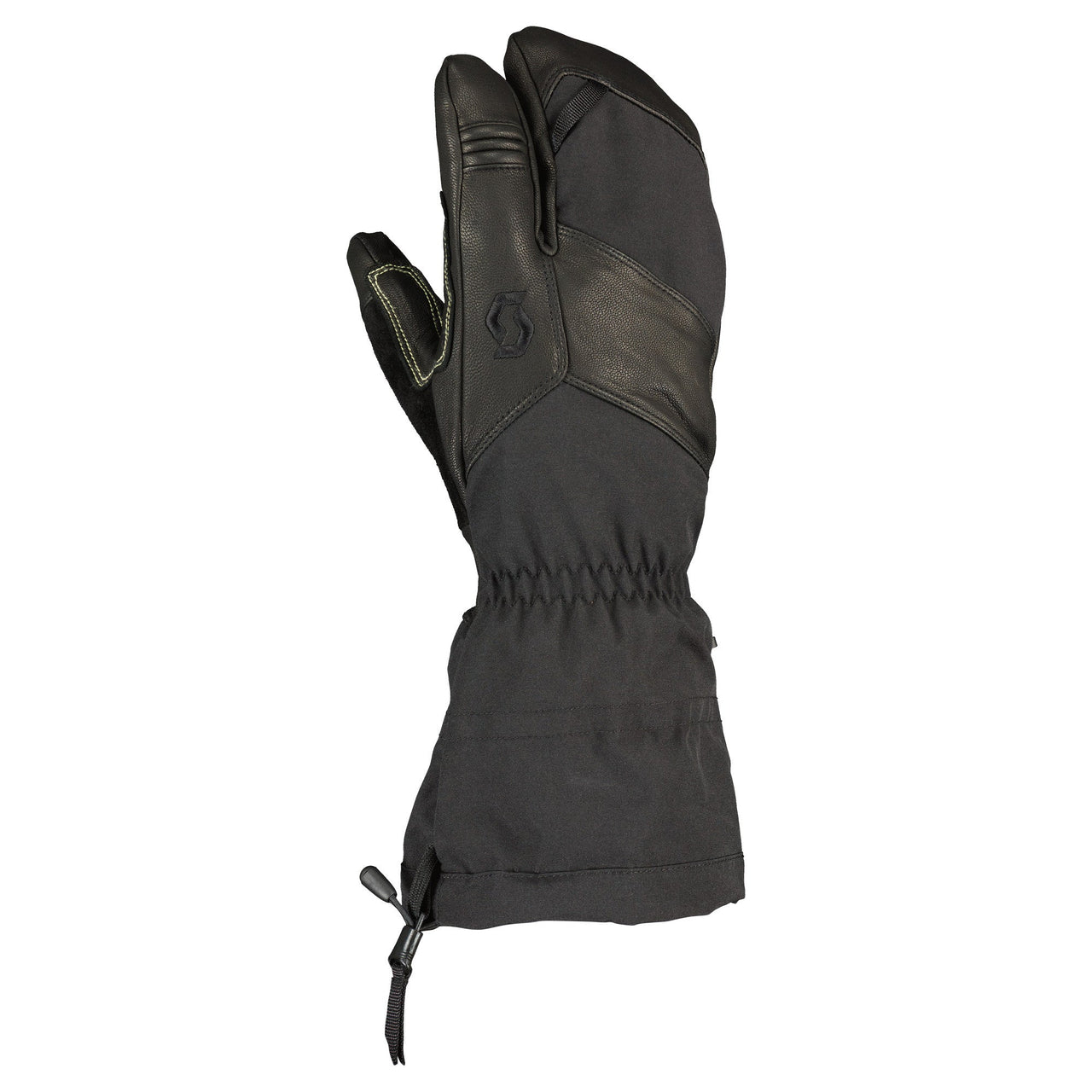 Black alpine ski glove with full fingers and adjustable drawstring cuff
