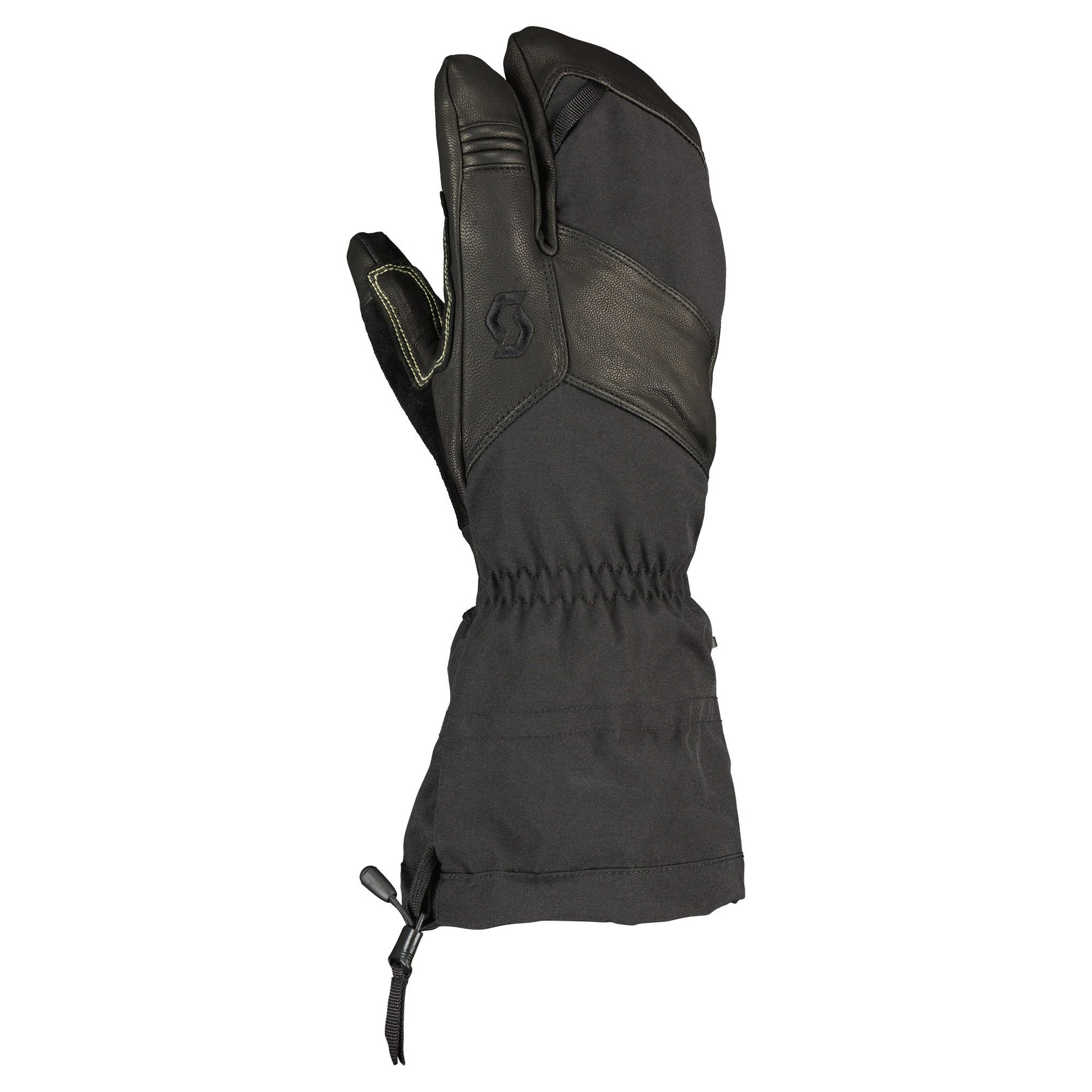 Black alpine ski glove with full fingers and adjustable drawstring cuff
