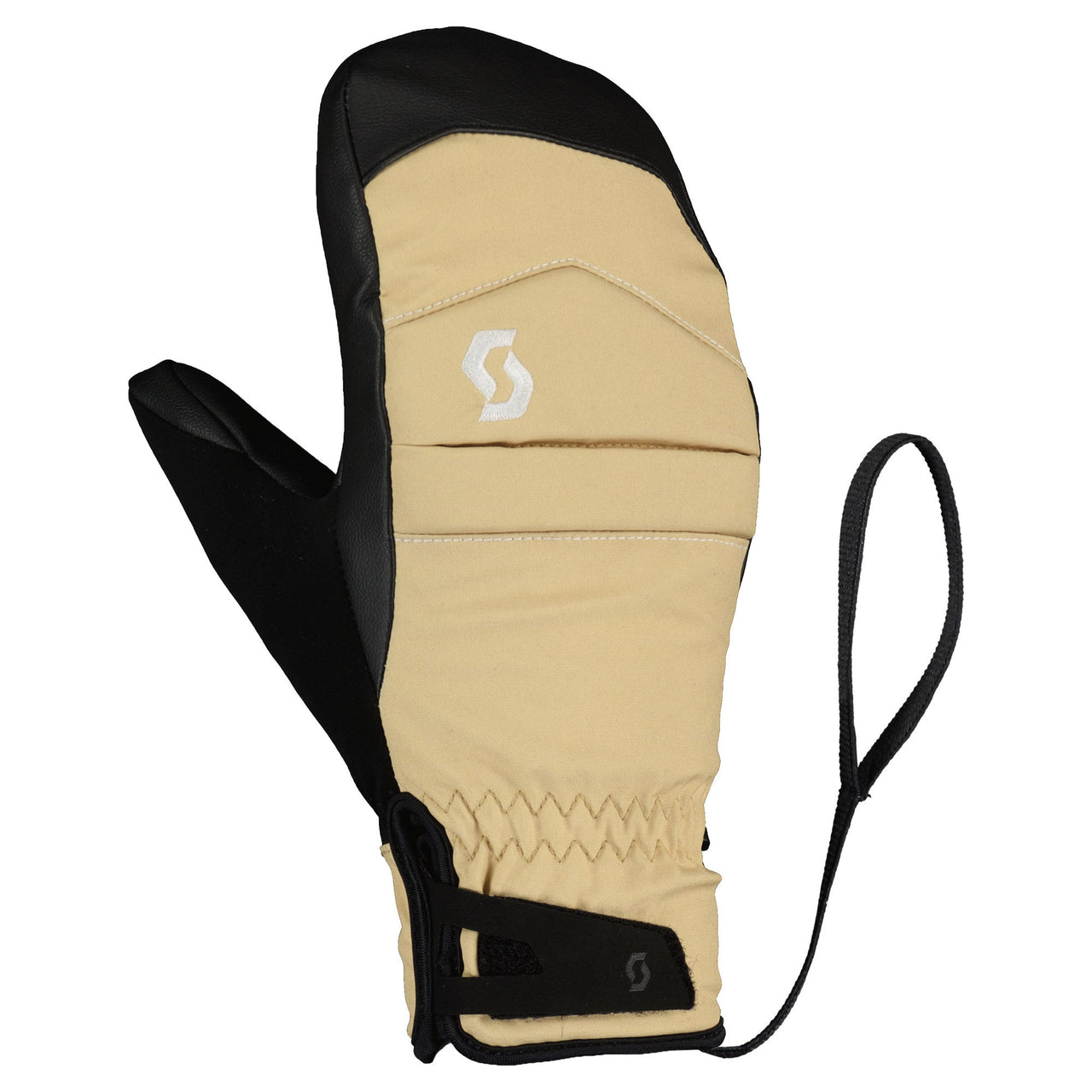 Women's hybrid mitten in beige with black upper and wrist strap, logo patch