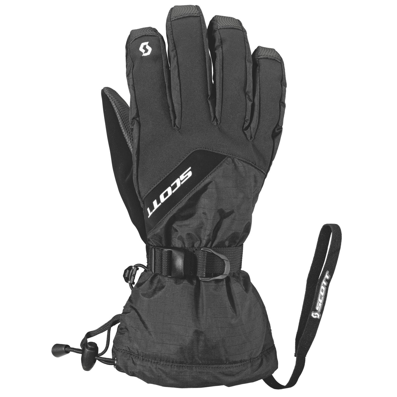 Black skiing gloves with padded palm, Scott logo, and adjustable wrist strap