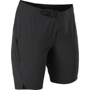 Women's black performance shorts with zip side pocket and adjustable waistband tab