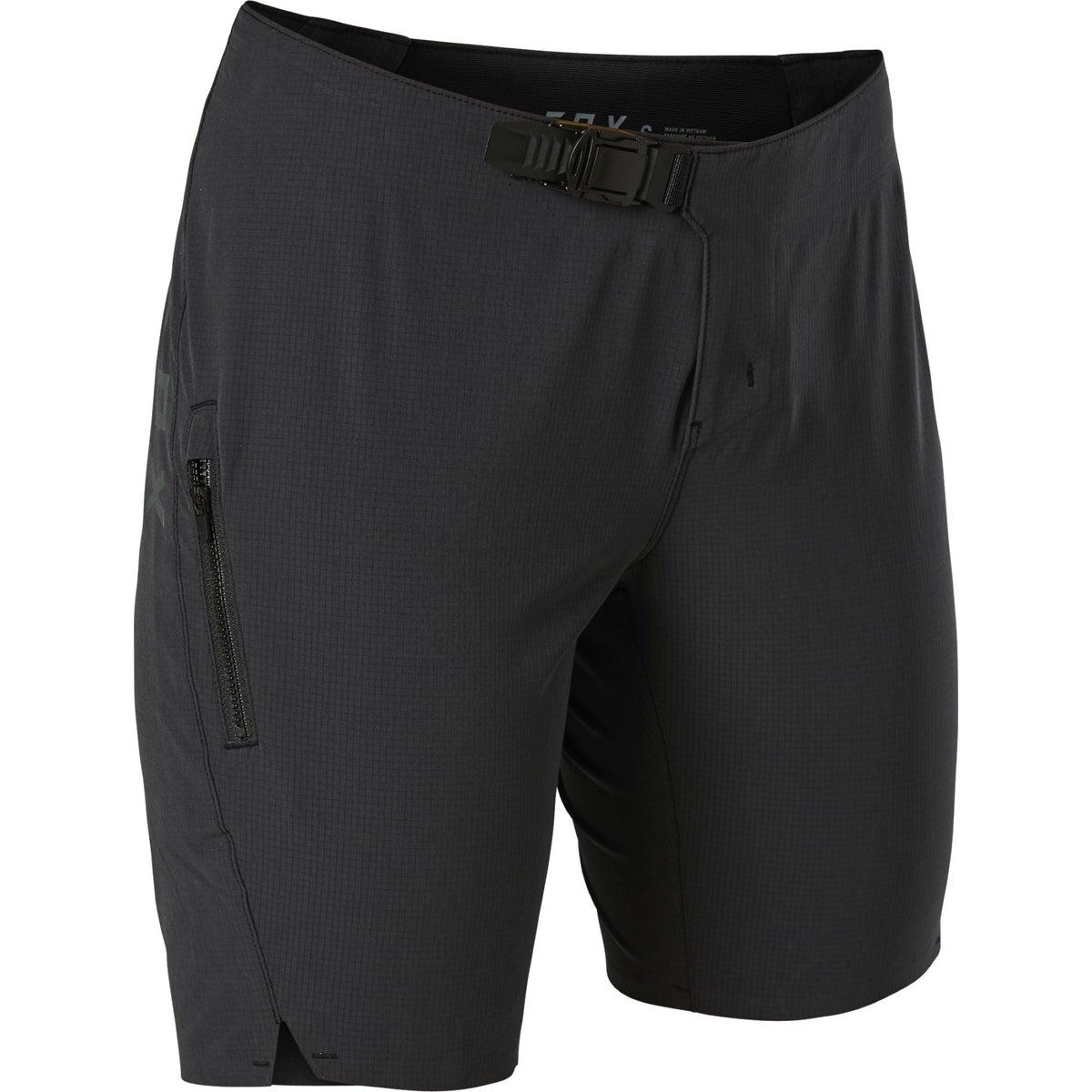 Women's black performance shorts with zip side pocket and adjustable waistband tab