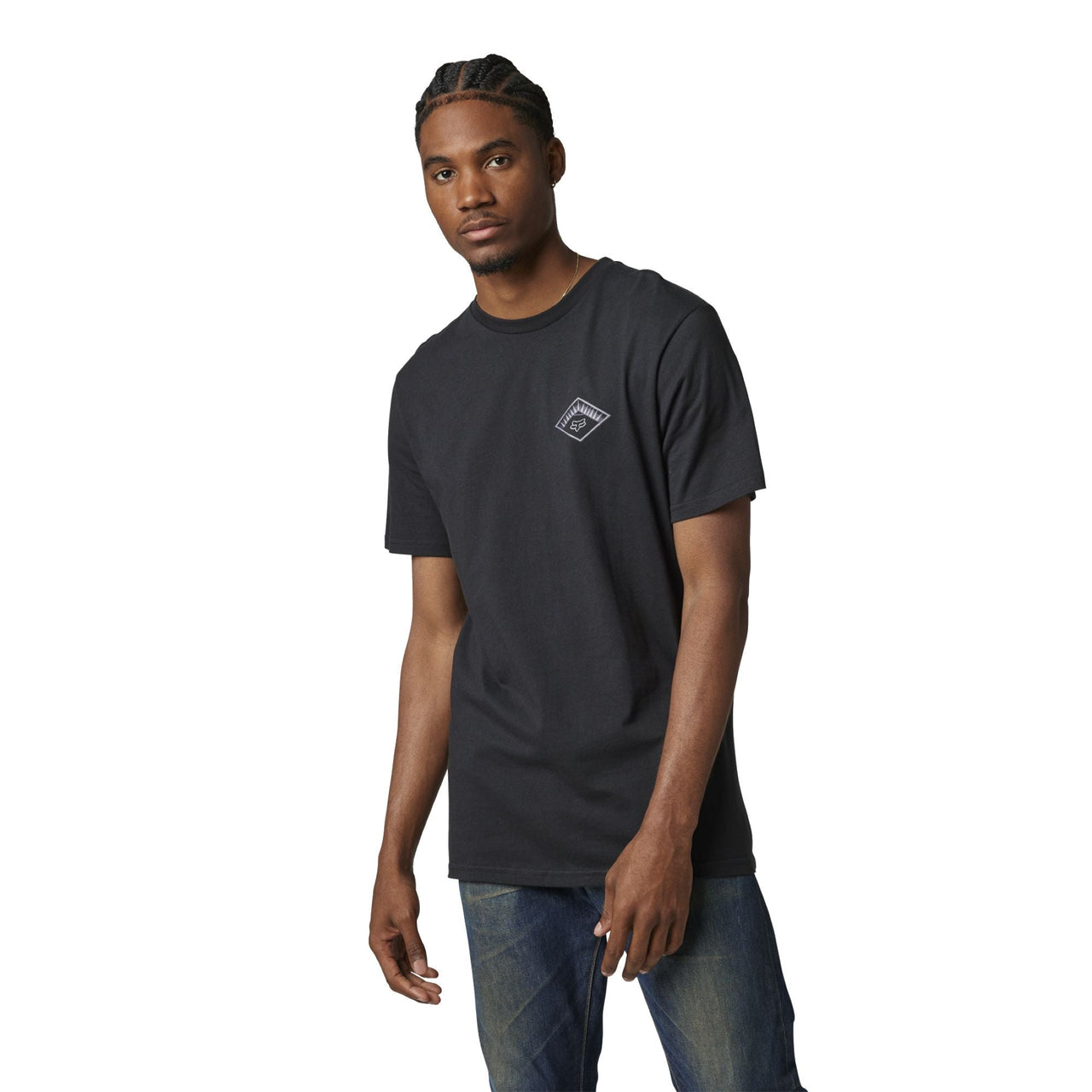 Black crewneck short-sleeve T-shirt with small square chest logo