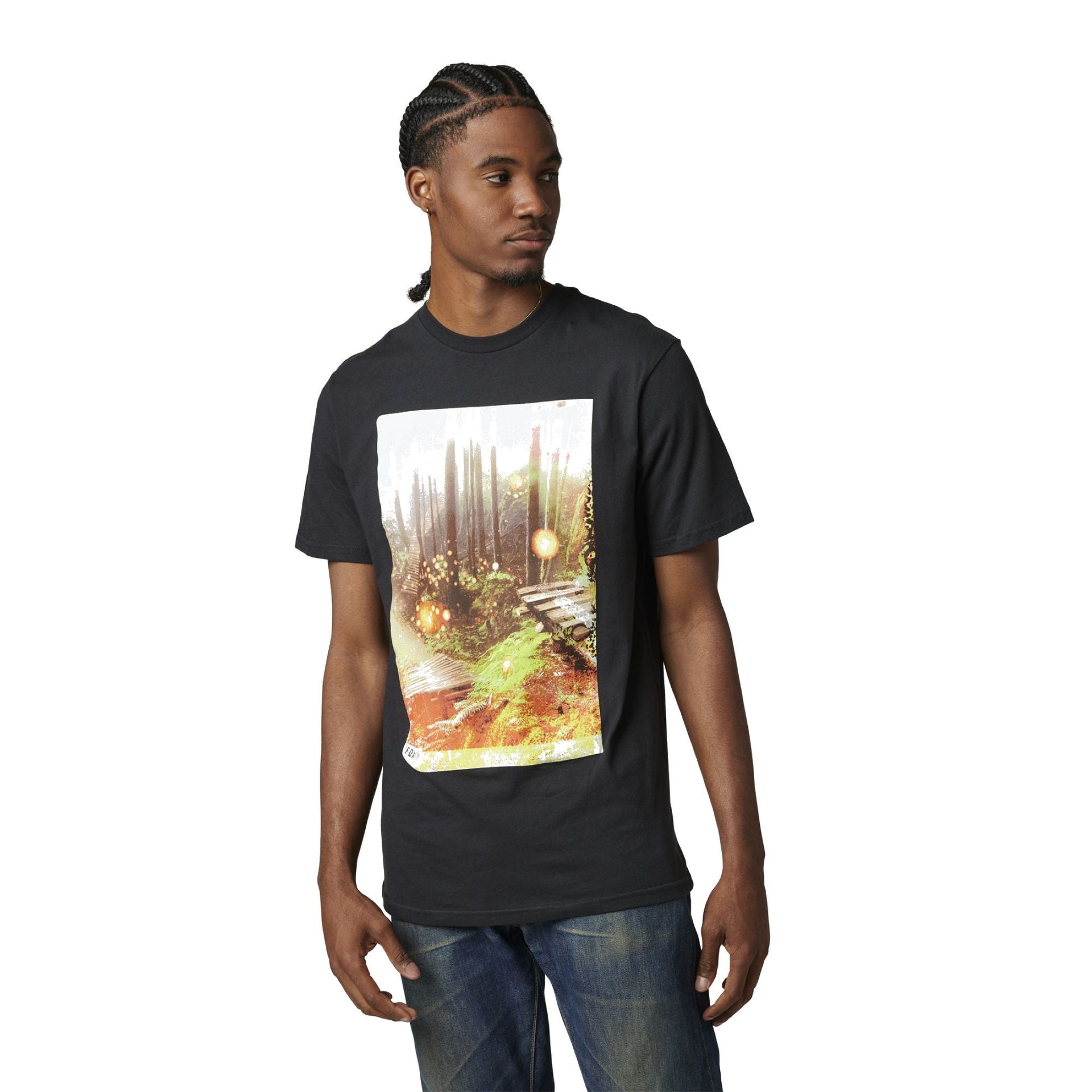 Black crew-neck tee with colorful square front artwork panel, short sleeves.