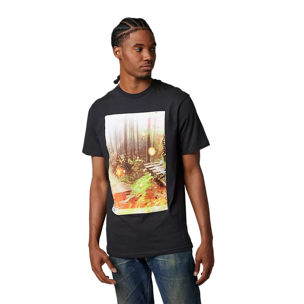 Black short-sleeve crew-neck T-shirt featuring a colorful front graphic collage.