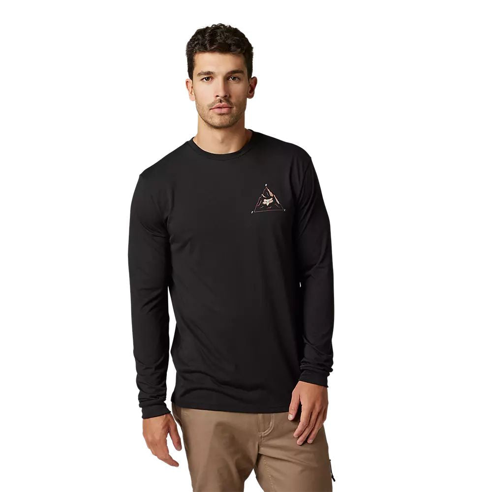 Black long-sleeve tech tee with small chest fox graphic