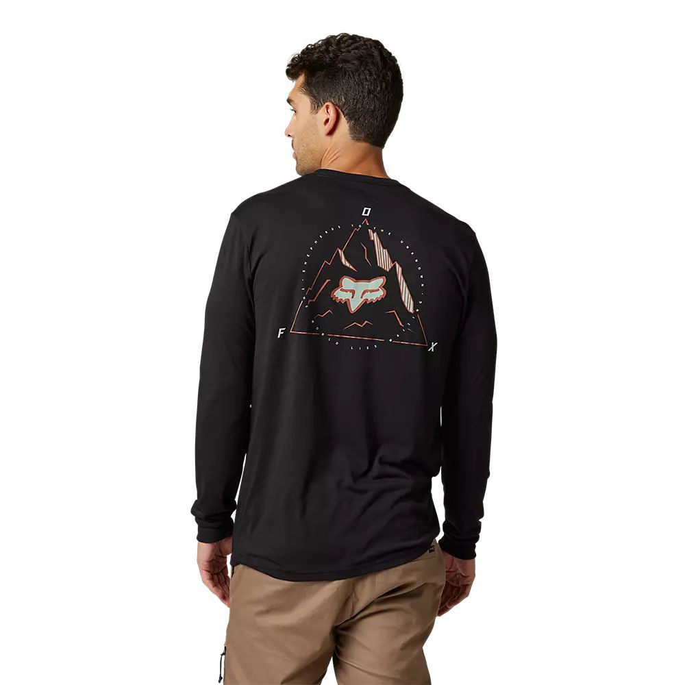 Black long-sleeve tech tee, back view with large fox triangle graphic