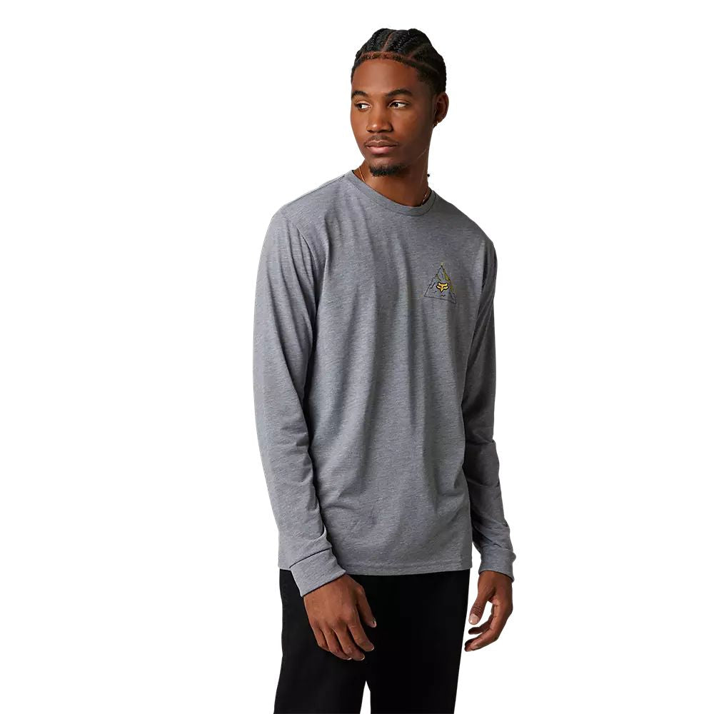 Heather graphite long-sleeve tech tee with small chest fox graphic
