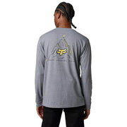 Heather graphite long-sleeve tech tee, back view with large fox triangle graphic