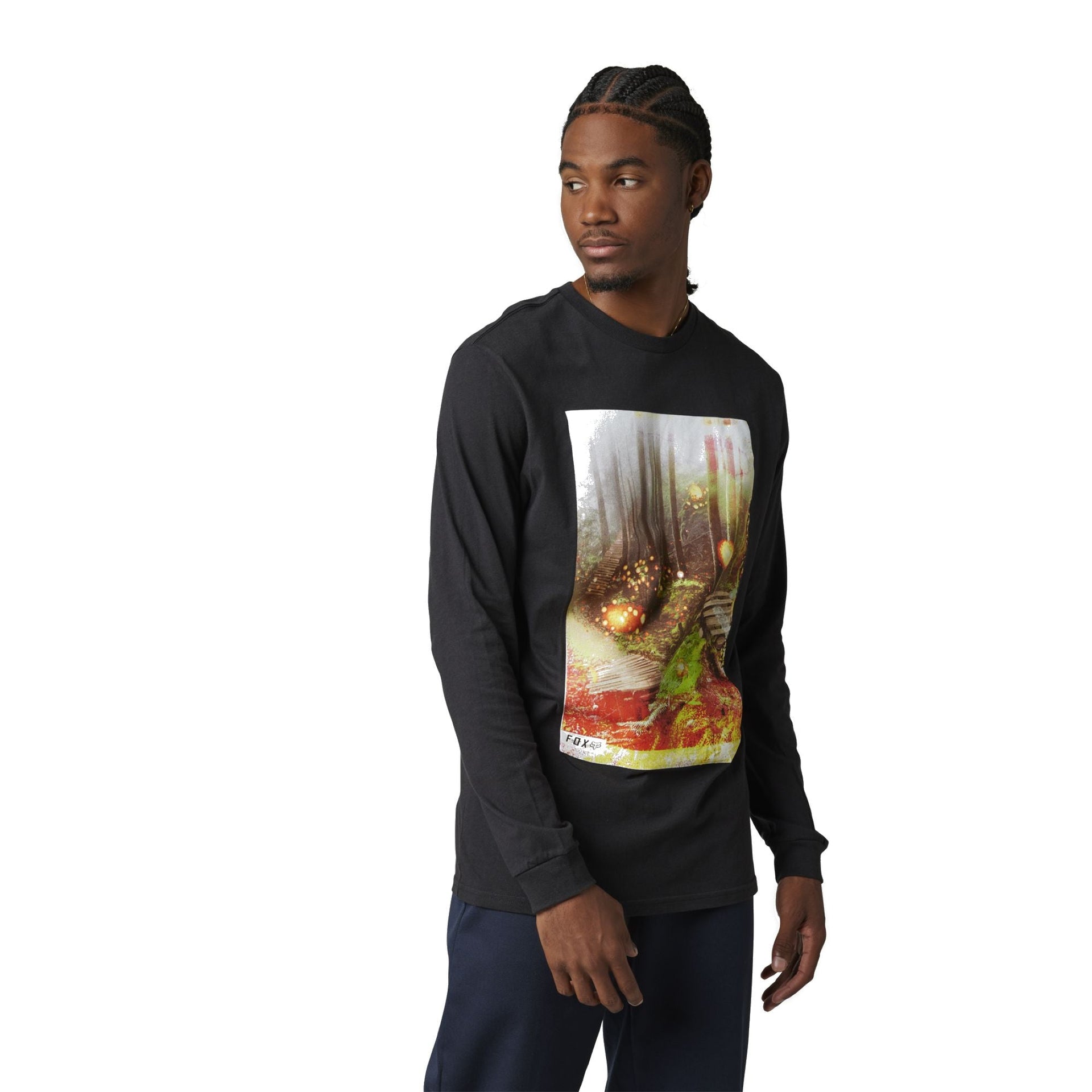 Black long-sleeve graphic T-shirt with colorful forest and light scene front print