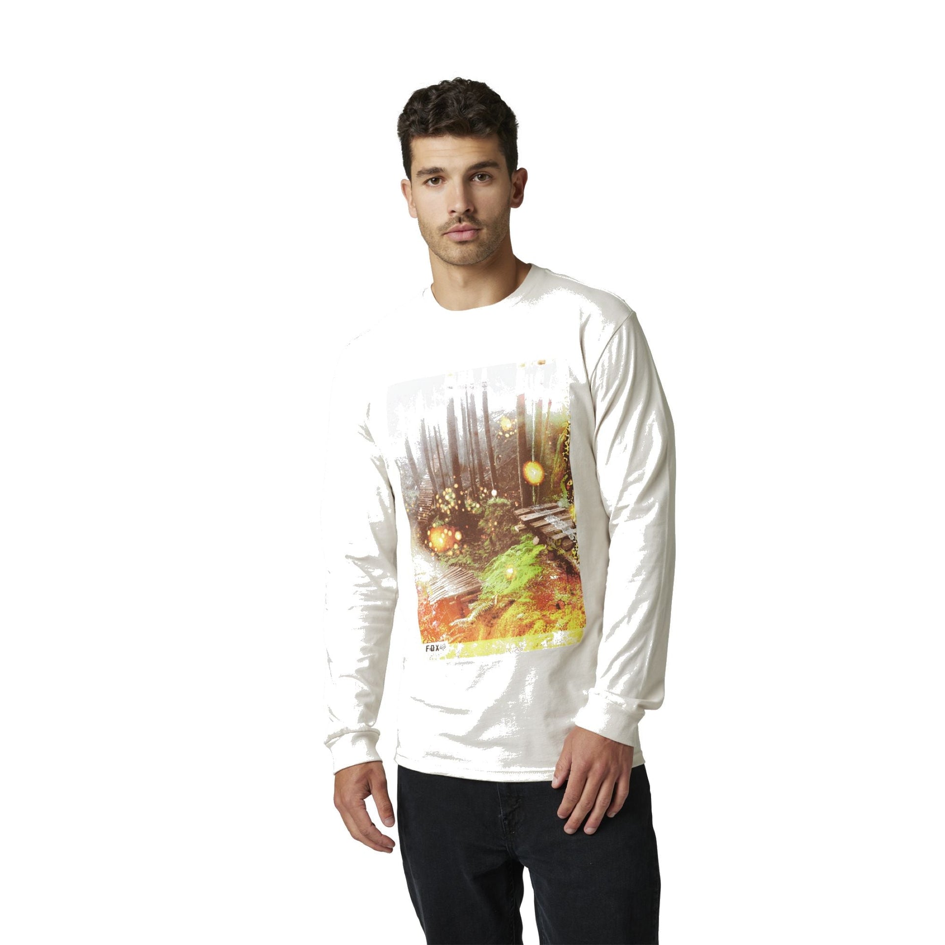 Vintage white long-sleeve graphic T-shirt, front print with forest, warm lights, and greenery