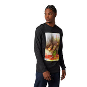 Black long-sleeve graphic T-shirt with large front photo-style scene and gold lights