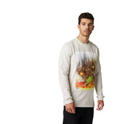 Vintage white long-sleeve graphic T-shirt with colorful forest and light scene front print