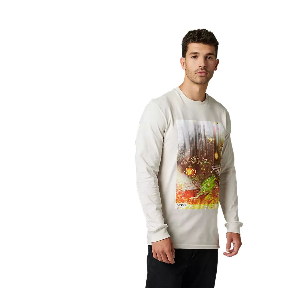 Vintage white long-sleeve graphic T-shirt with colorful forest and light scene front print