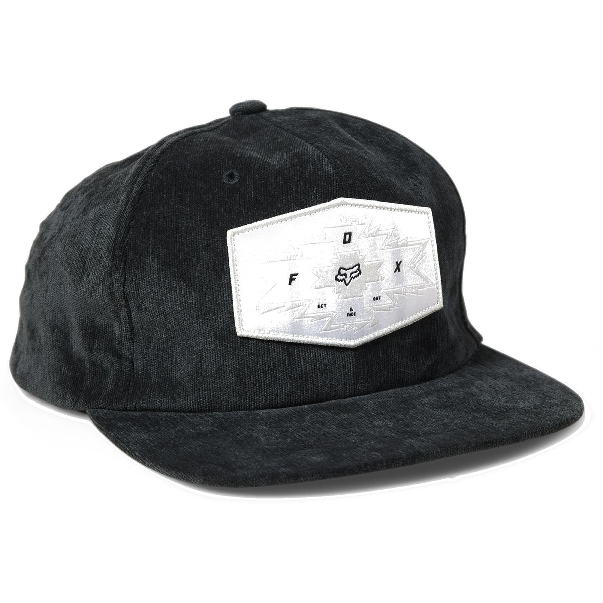 Black baseball cap with front patch label and stitched eyelets