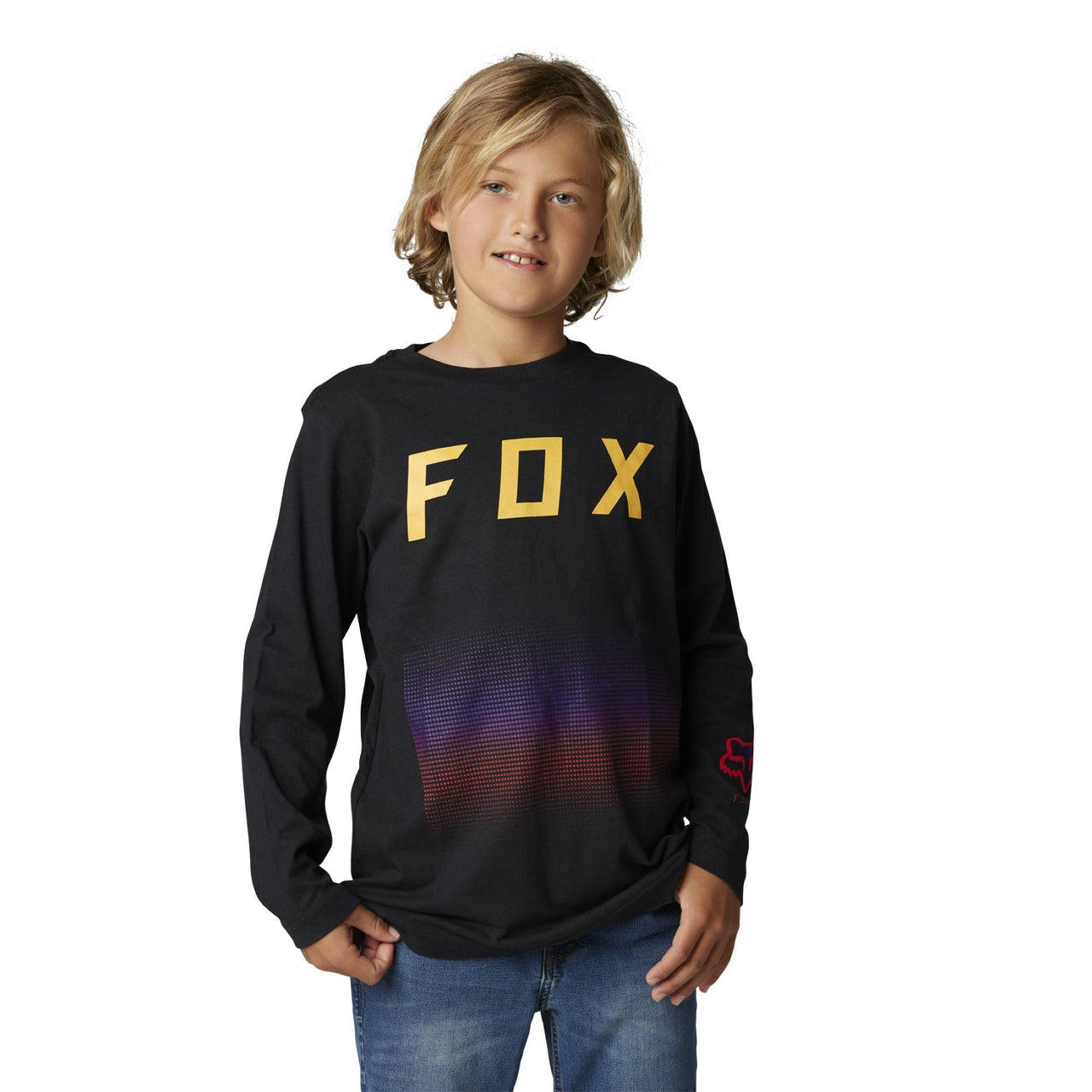 Youth long-sleeve graphic tee, black with FOX front print and small side logo