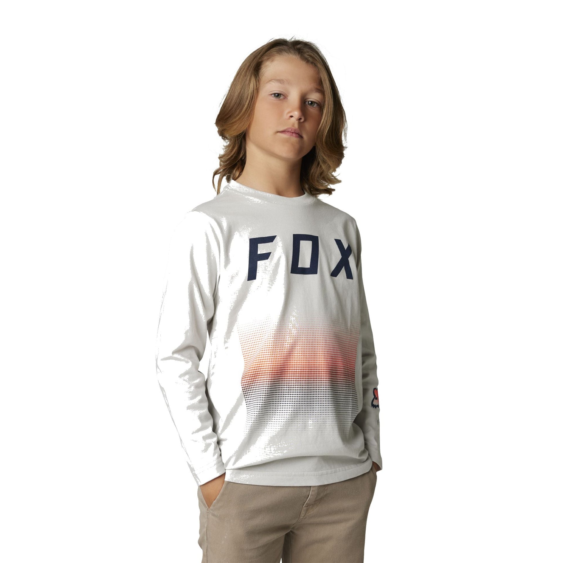 Youth long-sleeve graphic tee, light gray with FOX front print and small side logo