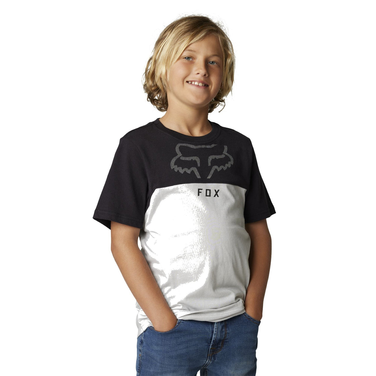 Kids black short-sleeve tee with large white FOX graphic chest panel