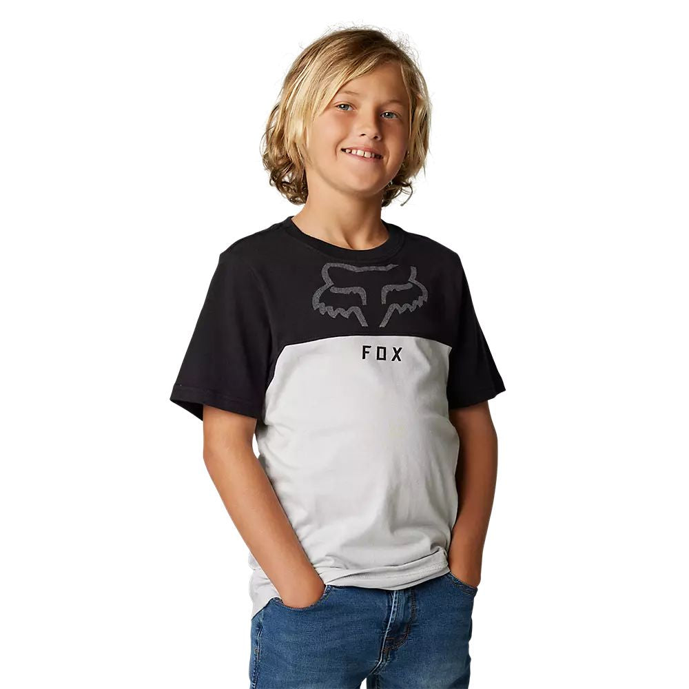 Kids black crewneck tee with white FOX graphic across the front