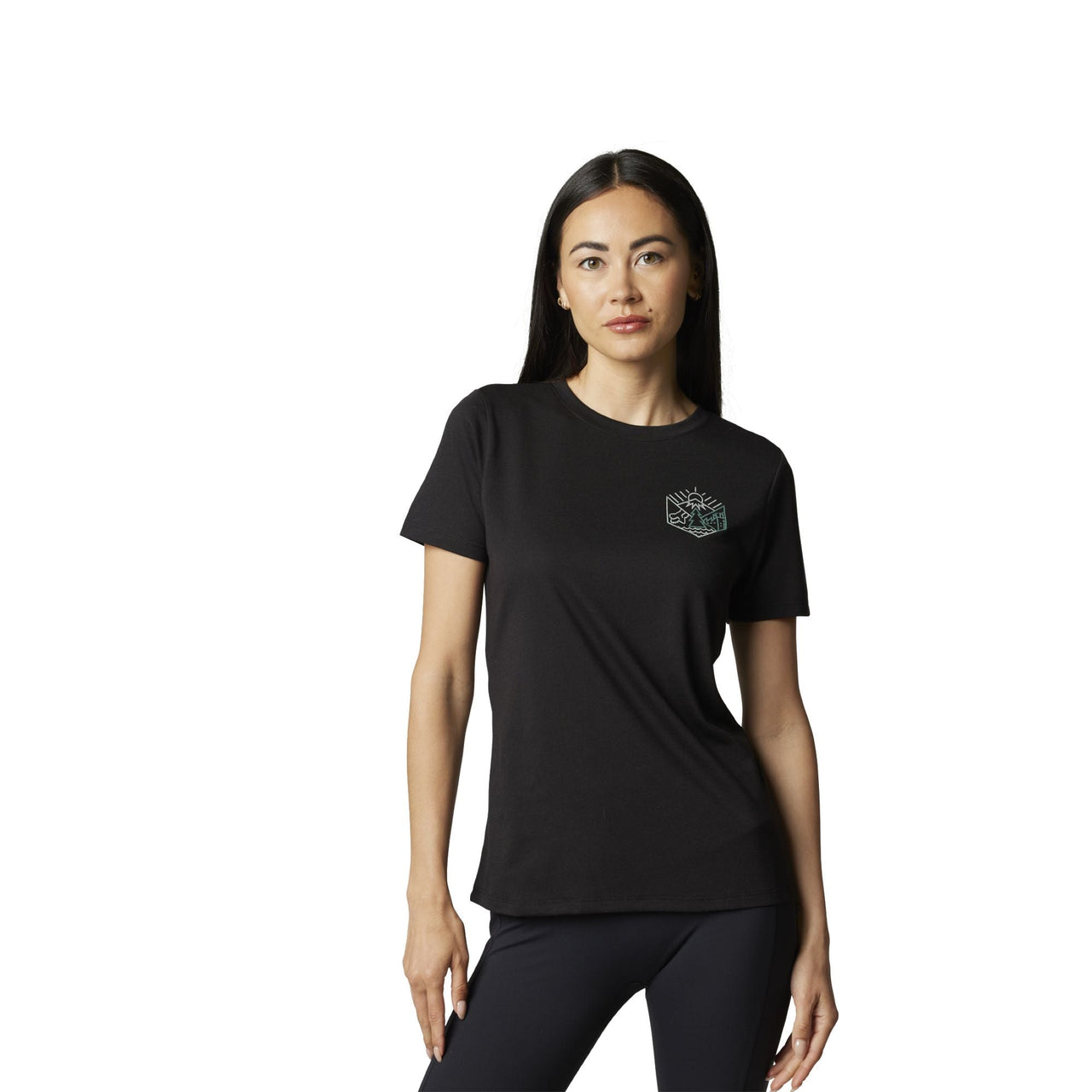 Women’s black short-sleeve crewneck tech tee with small chest logo