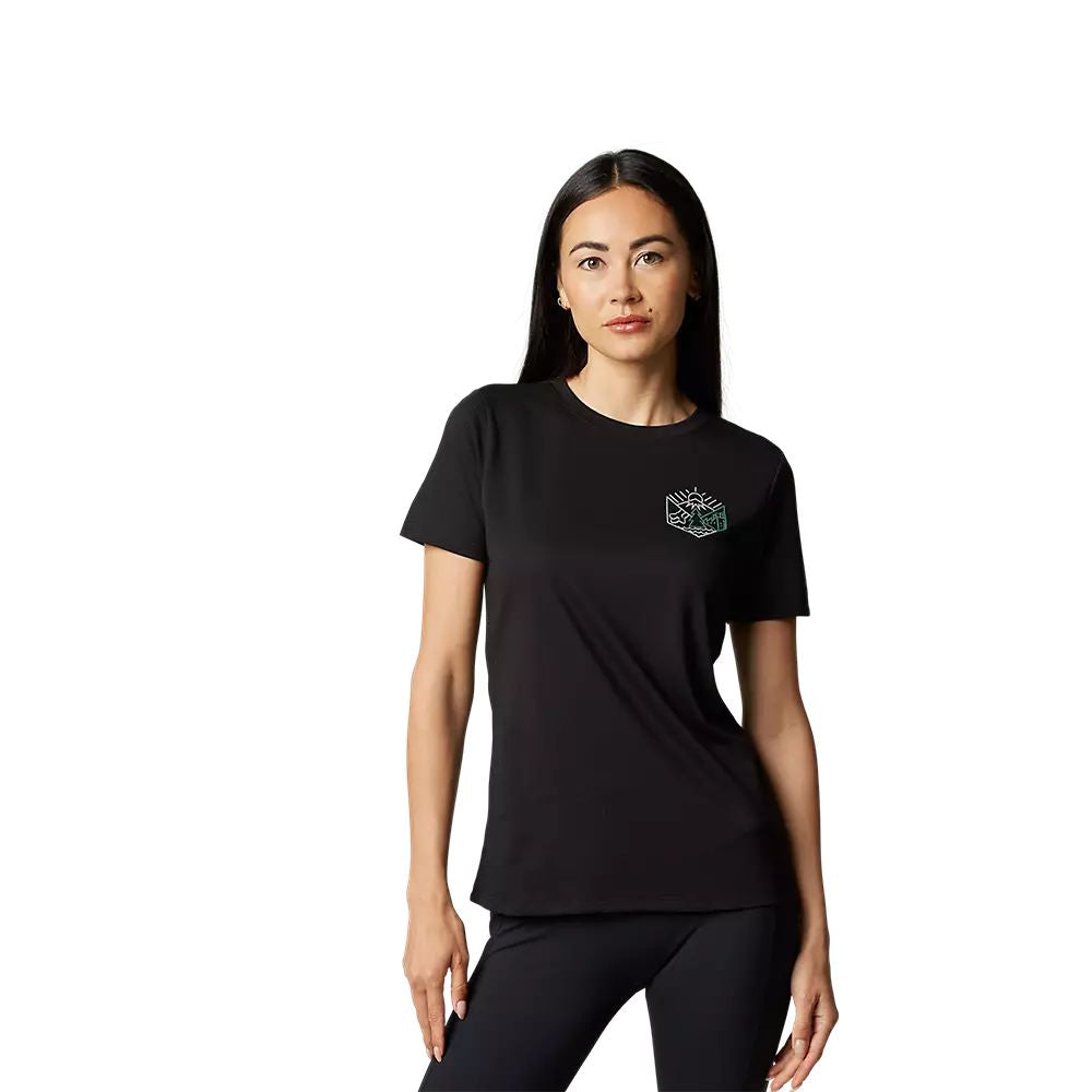 Women’s black short-sleeve crewneck tech tee with small chest emblem