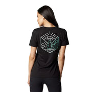 Women’s black short-sleeve tech tee with large back mountain logo