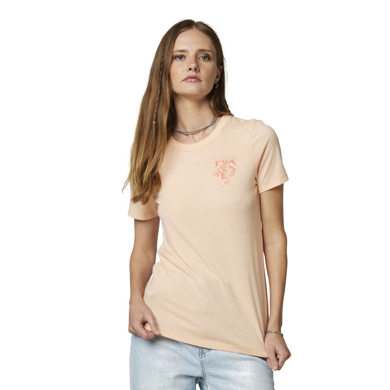 Light pink women’s short-sleeve T-shirt with crew neck and small chest fox graphic