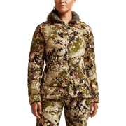 SITKA Gear women's Kelvin Lite down jacket with full-zip and camo hood