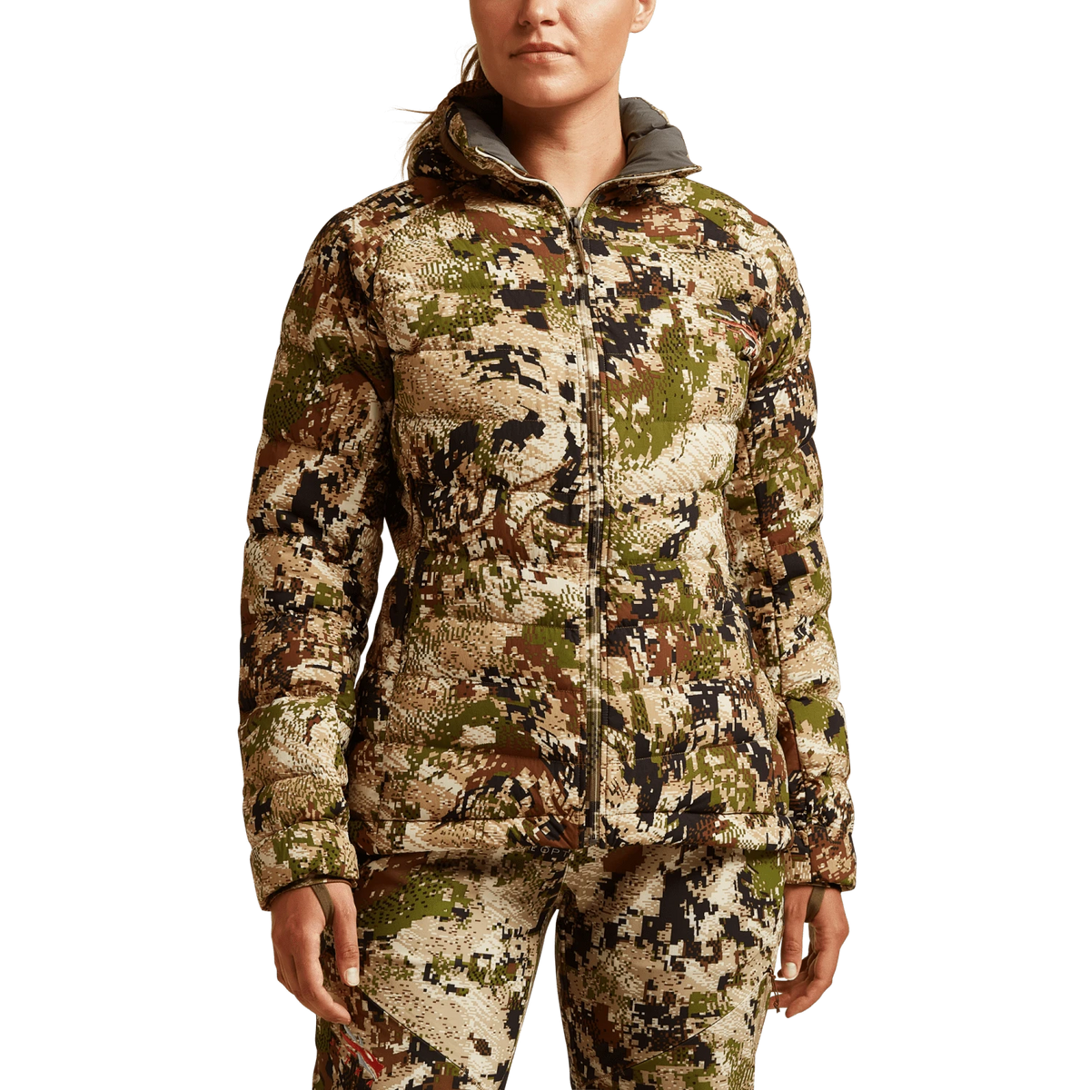 SITKA Gear women's Kelvin Lite down jacket with full-zip and camo hood