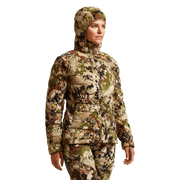 SITKA Gear women's Kelvin Lite down jacket, camouflage pattern, hooded front view